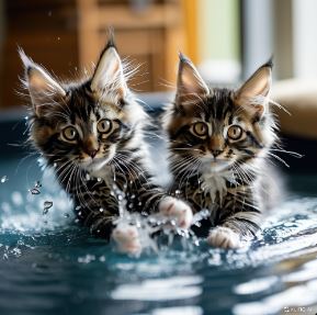 two maine coon kittens playing in the water