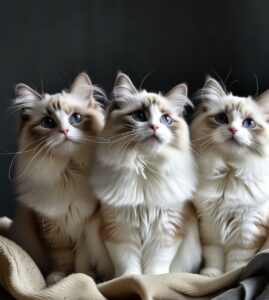 three adorable fluffly blonde ragdoll kittens